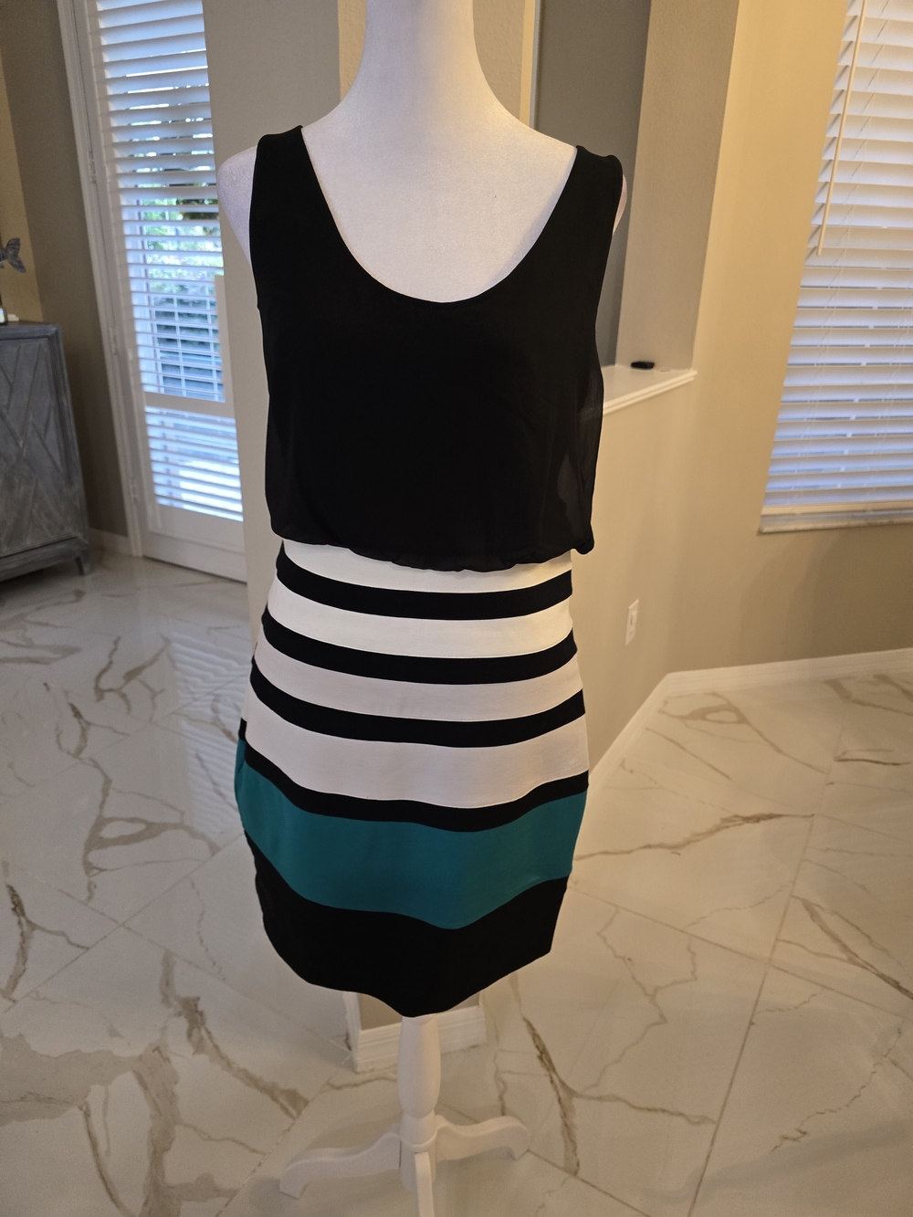 Express Black Tank Top with White and Teal Striped Skirt